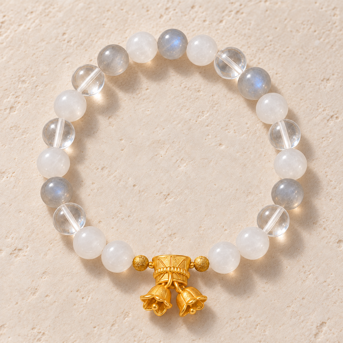 AI-assisted design visualization of Lunar Lily Bracelet on a cream surface.