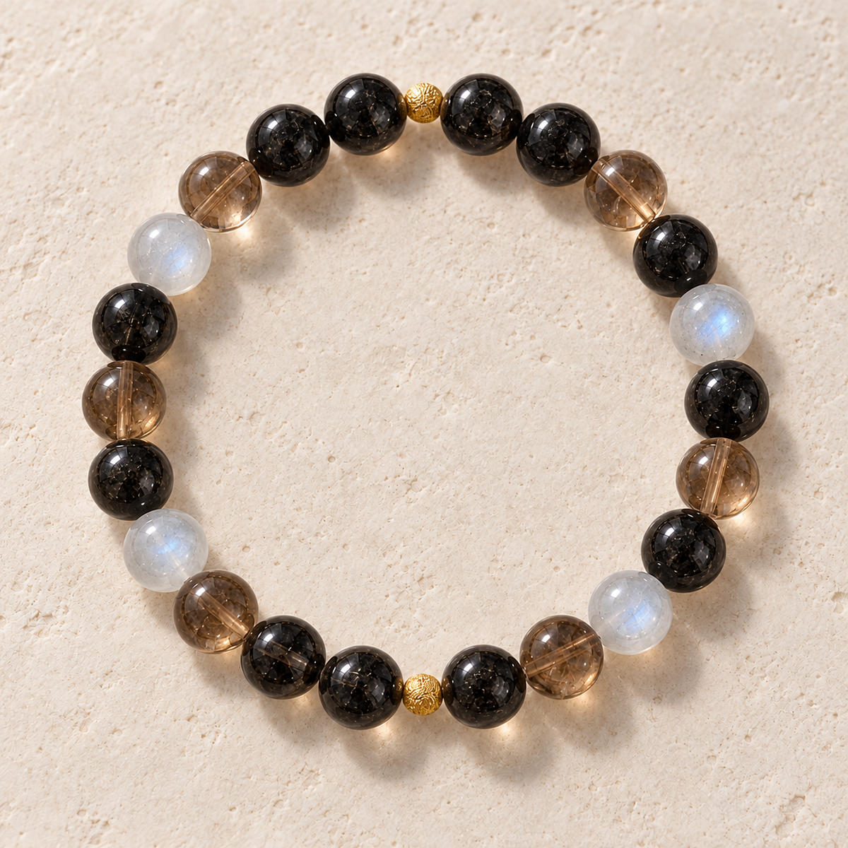 AI-assisted design visualization of Midnight Meridian Bracelet on a cream surface.
