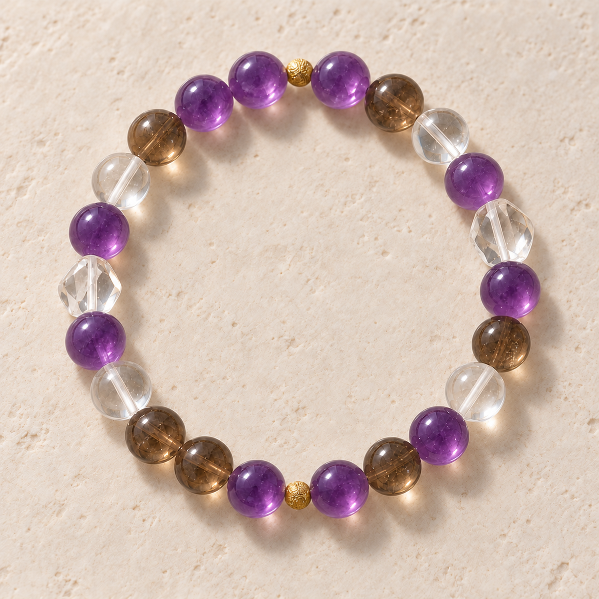 AI-assisted design visualization of Violet Facets Bracelet on a cream surface.