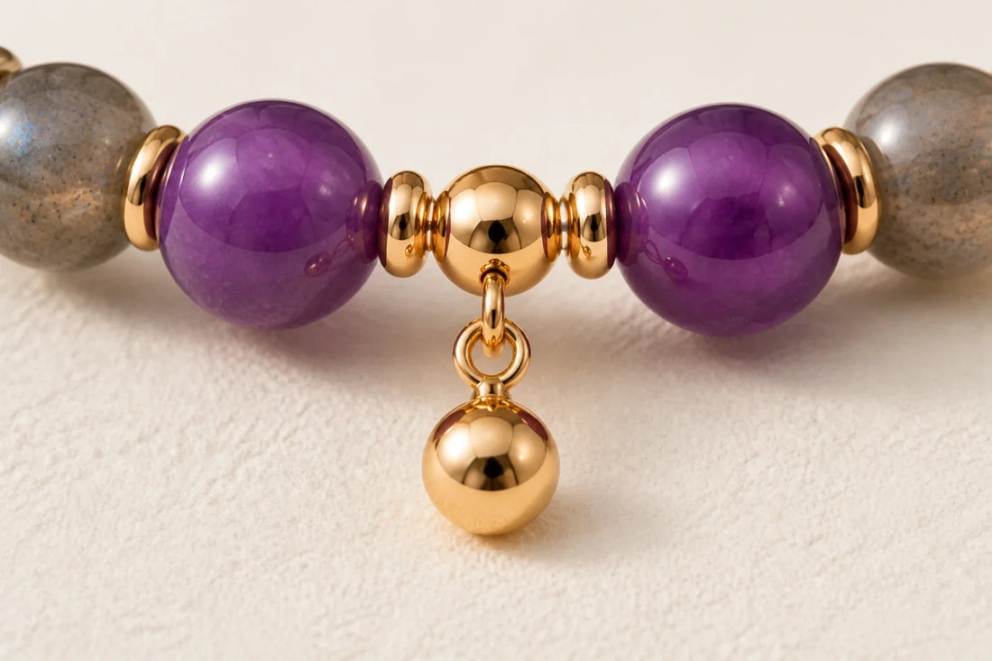 AUVRESSA amethyst bracelet finishing detail with gold spacers and charm