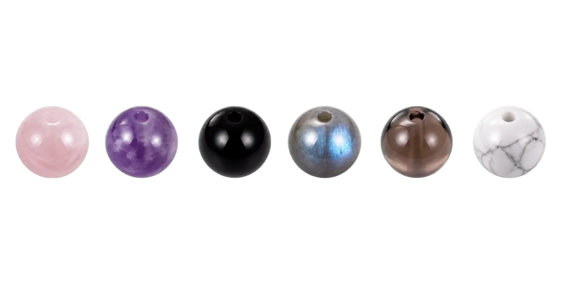 Six AUVRESSA gemstone choices arranged as a material library