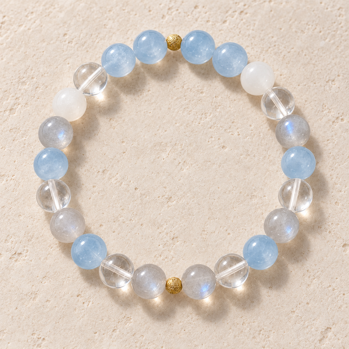 AI-assisted design visualization of Blue Reverie Bracelet on a cream surface.