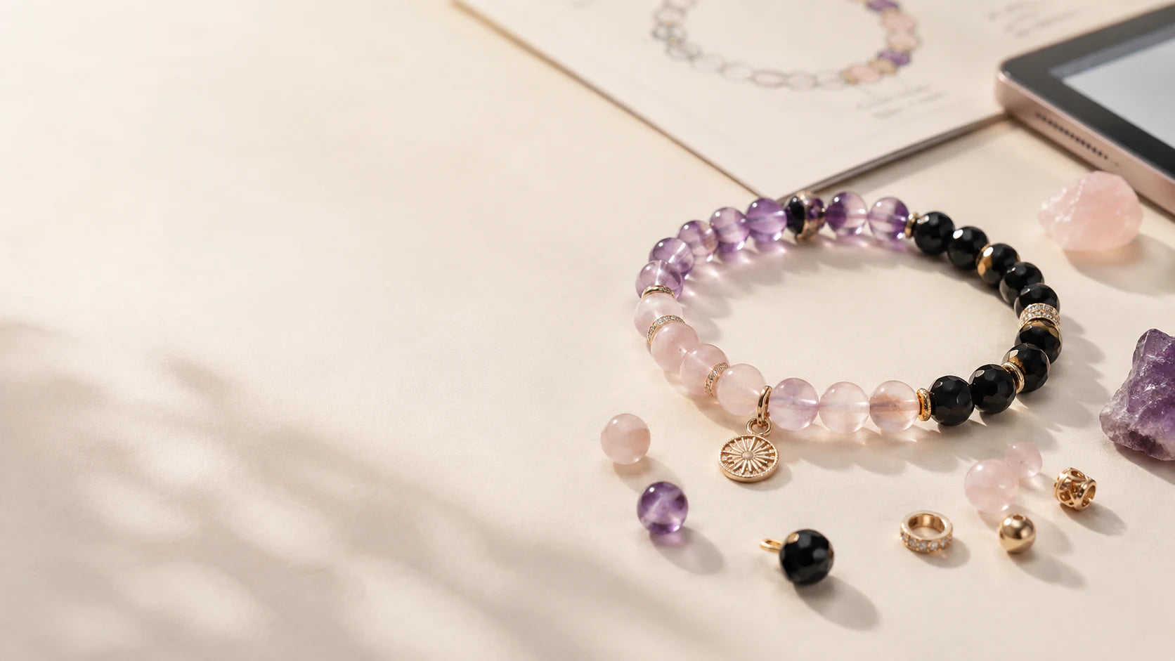 AUVRESSA gemstone bracelet with amethyst, rose quartz, black onyx and gold details