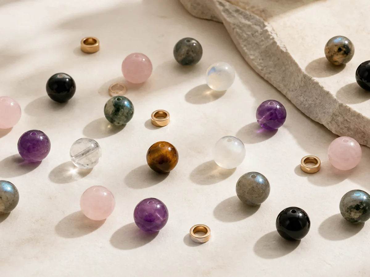 Gemstone beads, metal spacers and charms arranged on a warm stone surface