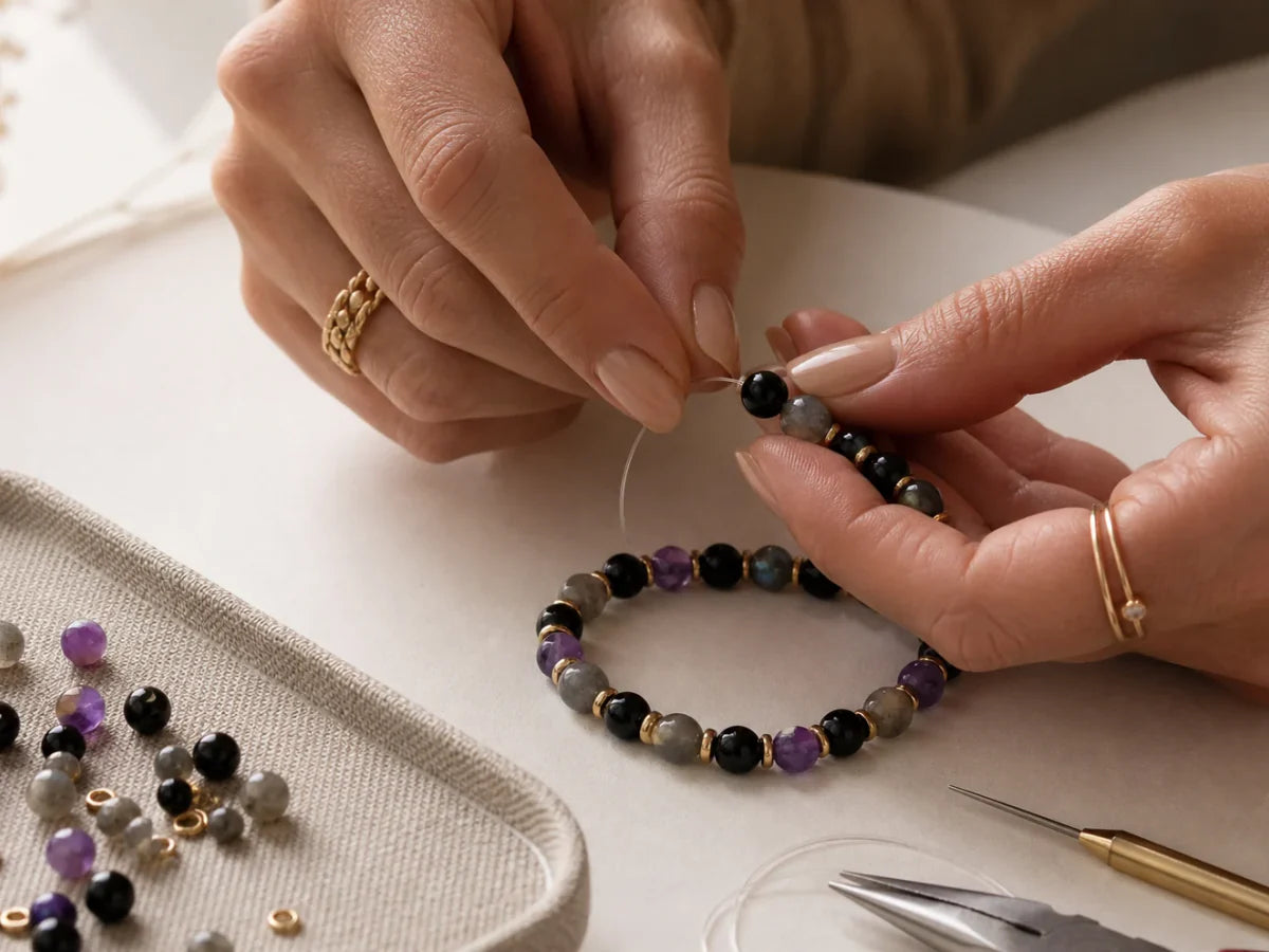 Gemstone bracelet finished with restrained gold details