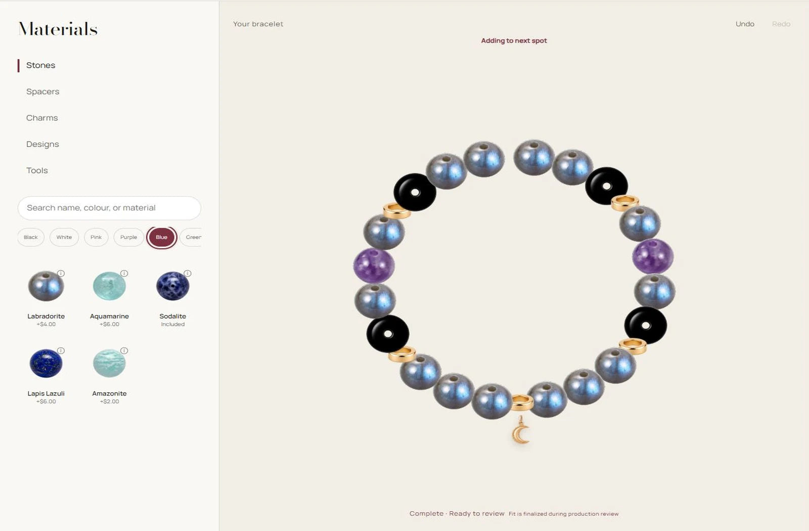 AUVRESSA Design Studio showing a gemstone bracelet and material controls
